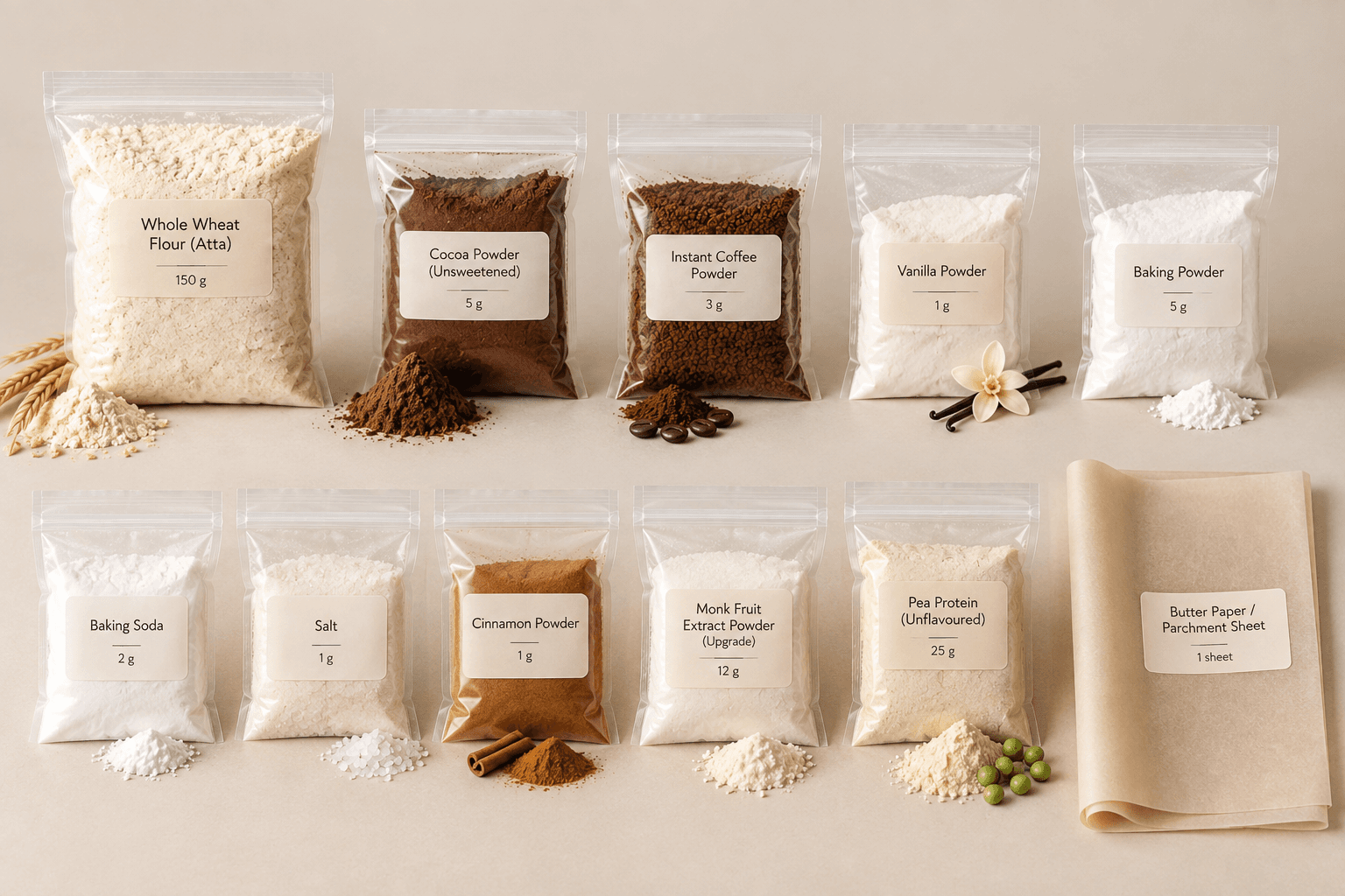 Precisely Yours kit contents — individual dry ingredient pouches, pre-portioned and labelled